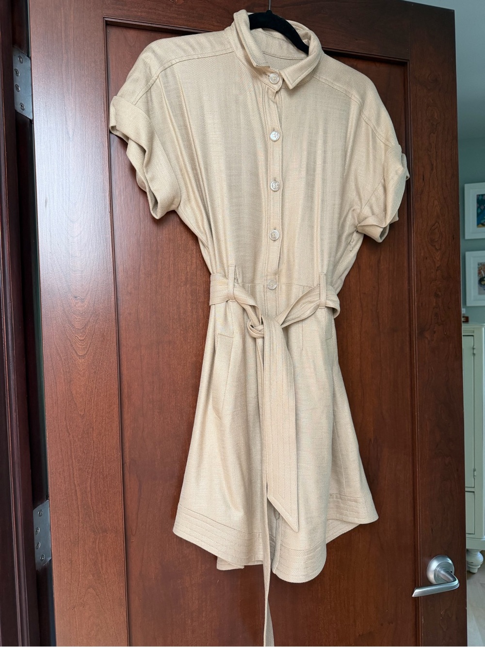 Beige/gold metallic Tie-Waist Shirt Dress - NWOT. Size 8